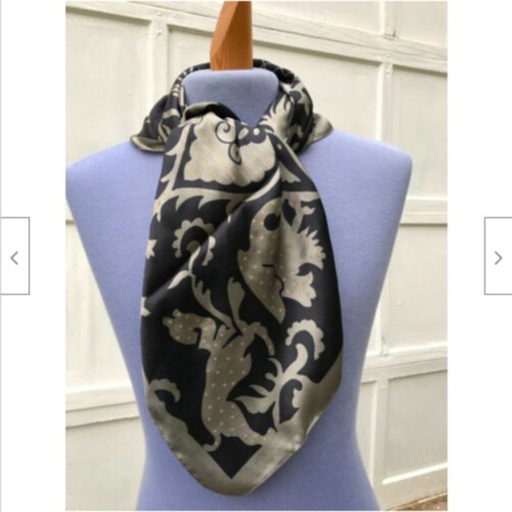 Bold Black  Silver Bird Pattern Square Scarf Vintage Sears Hair Bandana 31